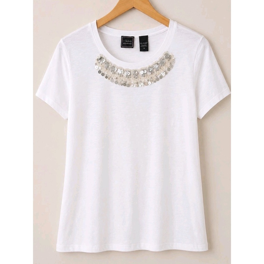 Colour Works White Sequin Neckline Top Medium Y2K Glam Going Out Party Tee